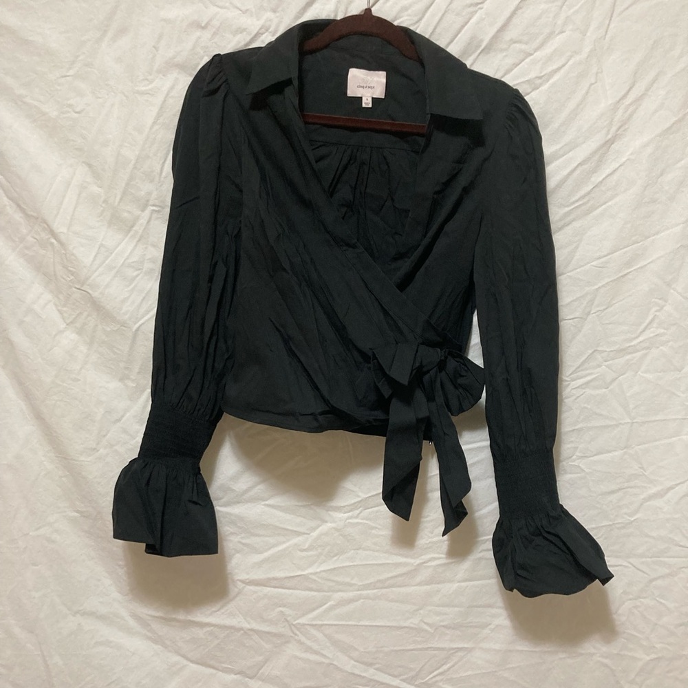 Cinq a Sept Black Wrap Blouse with Notched Collar and 3/4 Sleeves